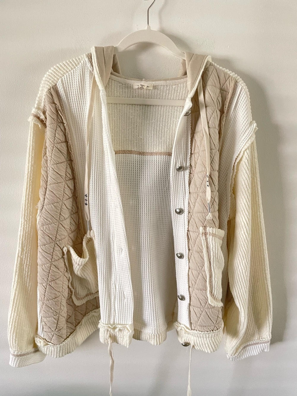 POL Quilted Waffle Knit Hooded Jacket Sz L Cream Tan Boxy Slouchy Granola Boho - Picture 4 of 9